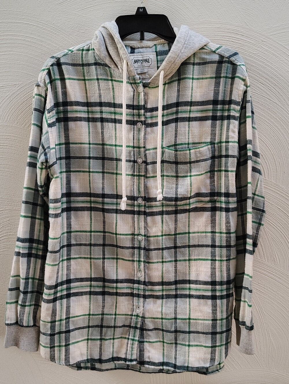 American Eagle Flannel Hoodie Camp Button Front Plaid Women's Sz S